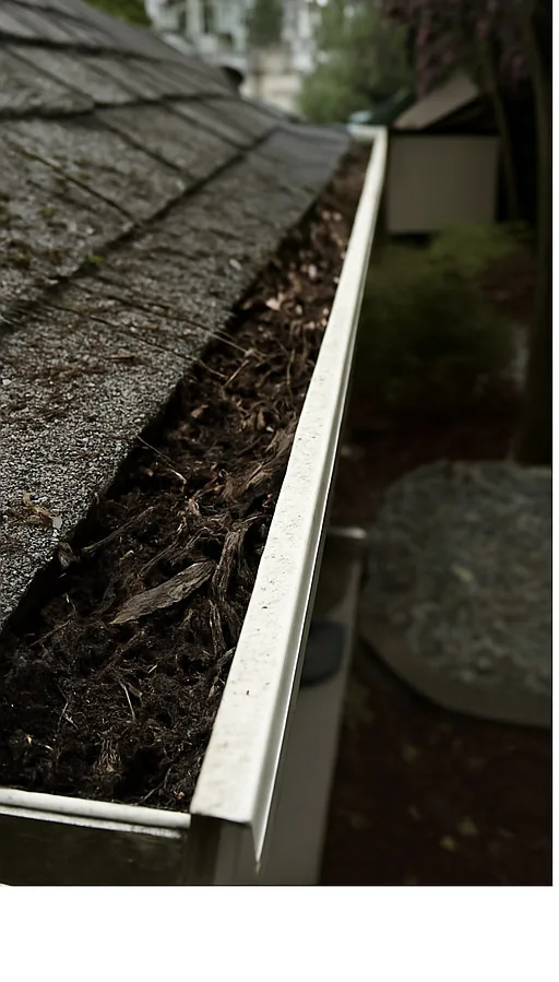 A gutter packed with dark, decomposed debris on a Sacramento home before cleaning