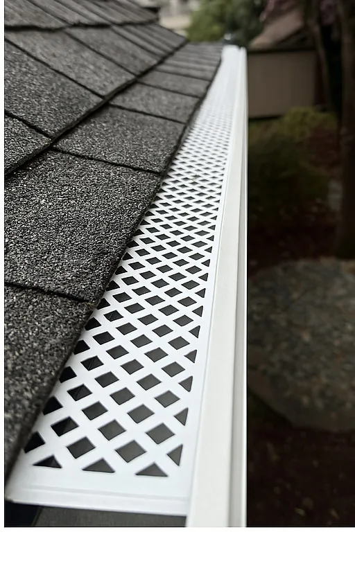 A clean new diamond-lattice gutter guard installed on the same home