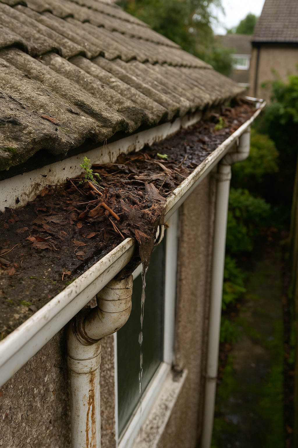 Gutter full of debris, damaged and needs replacement.
